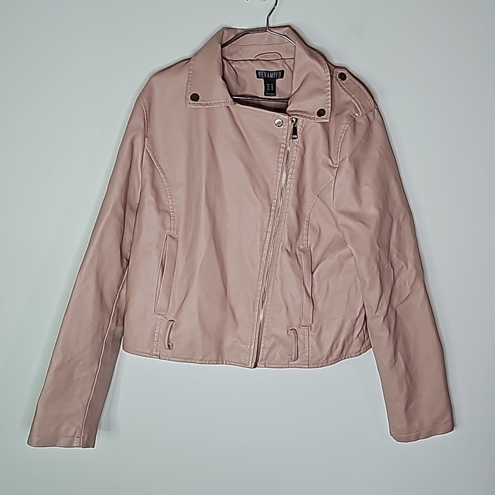 Revamped medium pink zip up leather jacket